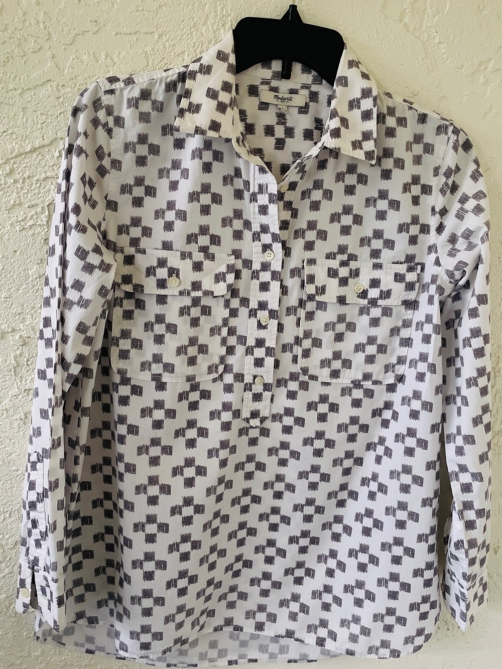 Madewell Women’s Size S Grey & White Geometric Print Long Sleeve Blouse. - Picture 2 of 8
